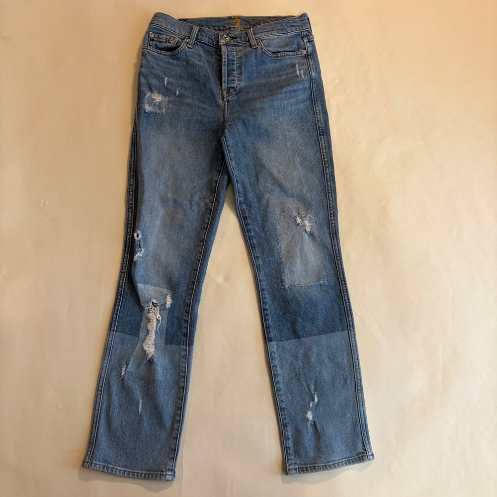 7 For All Mankind Edie Distressed Straight Leg Jeans Blue Size 26 AU8278076